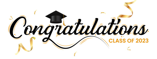 "Congratulations!" greeting sign. Congrats Graduated. Congratulations Class of 2023. Congratulating banner. Isolated vector text for graduation design, greeting card, poster, invitation