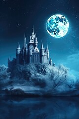 Fantasy castle on icy rock under the magical moonlight. Fairy tale scene. Winter wonderland. Generative ai.