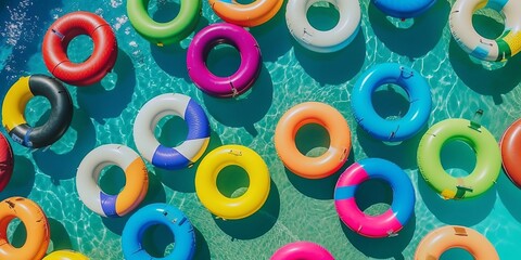 inflatable ring colorful in pool on sunny day. Relaxation lifestyle concept. Leisure lifestyle concept. Color background.