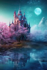 Fantasy castle on among rosy trees. Fairy tale scene. Enchanted forest. Generative ai.