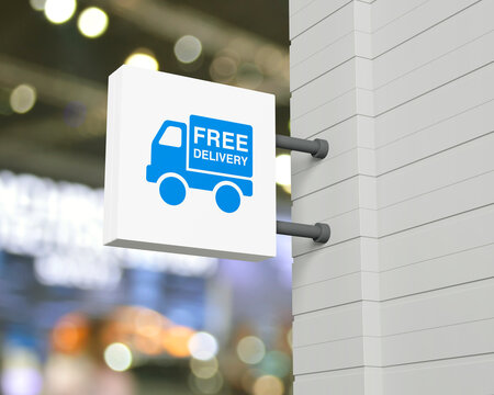 Free delivery truck flat icon on hanging white square signboard over blur light and shadow of shopping mall, Business transportation service concept, 3D rendering