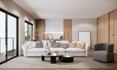 Obraz na płótnie Canvas Modern living room interior design and decoration in earth tone, white sofa and pillows, wooden wall and parquet floor. 3d rendering apartment interior room with balcony