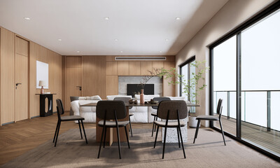 Modern style dining room interior design and decoration with dining table and grey chairs, built in wooden tv shelf and cabinet. 3d rendering apartment room with balcony