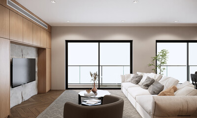 Modern apartment room interior design and decoration with white sofa, round coffee table, and tv on built in cabinet and shelf in living area, large windows. 3d rendering mockup condominium