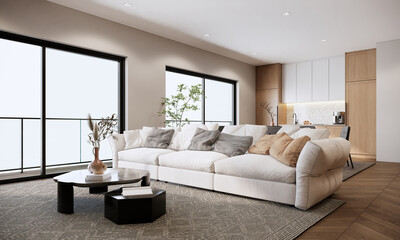 Modern Living room interior design and decoration with white sofa grey pillows, black coffee table, grey carpet, wooden wall and floor. 3d rendering mockup apartment with balcony