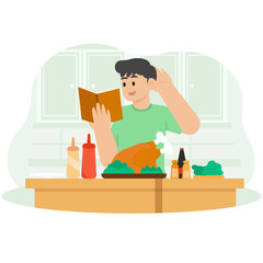 A Man Who Is Cooking Chicken With A Recipe Book Guide Illustration