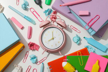 Concept of school education with school accessories, top view