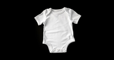 White baby onesie isolated over black background. Good for insert your design White new baby bodysuit . Closeup. Empty place for text or logo on apparel.
