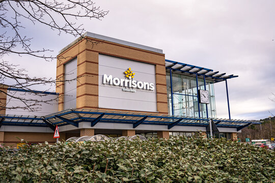 Logo of Morrisons Supermarket in Morfa Shopping Park in Swansea, chain of supermarkets in the United Kingdom. SWANSEA, WALES, UK - FEBRUARY 7, 2021