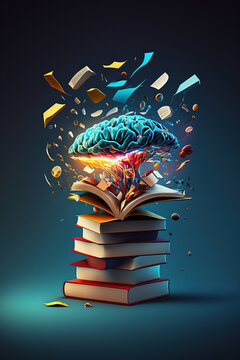 Stack of books fantastic levitation glowing brain and colorful splash on black background, World book day, knowledge and creativity concept
