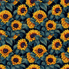 Seamless background of vibrant sunflowers on dark background. AI generated