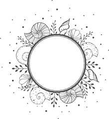 Obraz premium Round frame with seashells, seaweed plants and sand or sea bubbles, sketch illustration