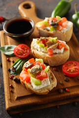 Toasts with tasty grilled vegetables, concept of delicious appetizer