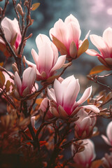blooming pink magnolia branches in soft sunlight close up