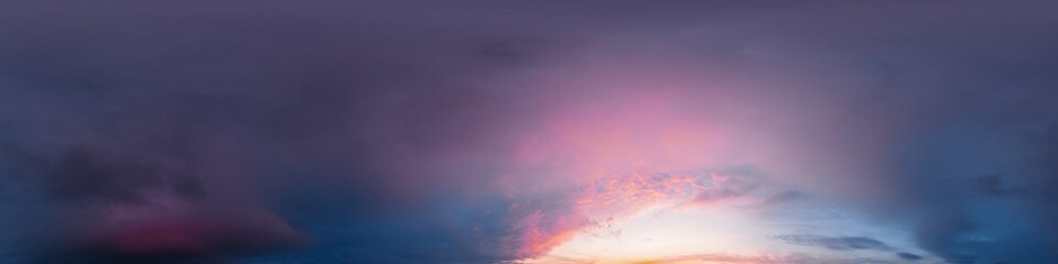 Sunset sky panorama with bright glowing pink Cumulus clouds. HDR 360 seamless spherical panorama. Full zenith or sky dome for 3D visualization, sky replacement for aerial drone panoramas.