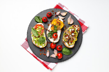 Toasts with tasty grilled vegetables, top view