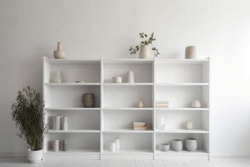 Fototapeta na wymiar White bookshelf mock up with books and vases .Generative AI
