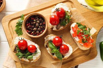 Toasts with tasty grilled vegetables, top view