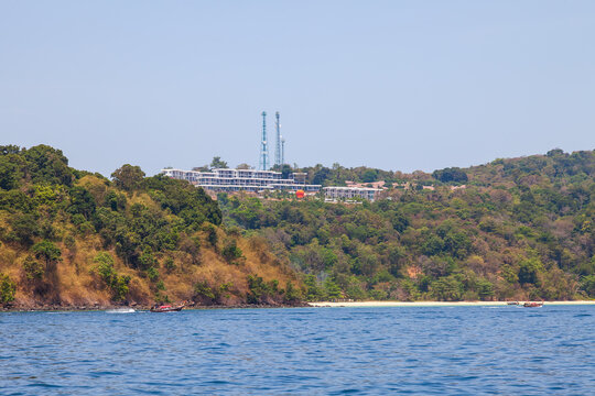View from the sea to the hotel near loh moo dee beach on the phi phi islands in thailand