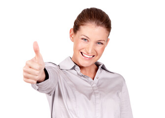 This is great. A lovely young woman giving you a thumbs up while isolated on a white background.