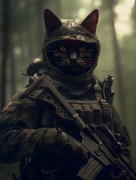 Generative Ai: Soldier holding a weapon in the jungle, hyper realistic cat head