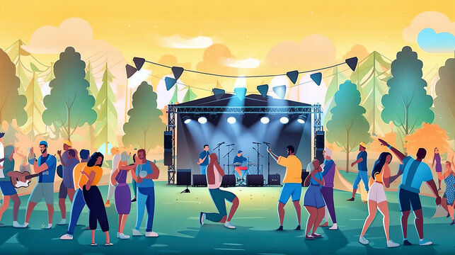 Music festival, open-air concert with outdoor stage, live performance, dancing people in nature. Copy space. Generative AI. 2