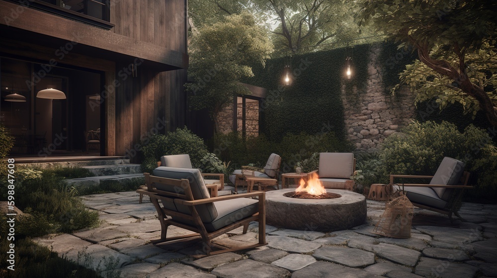 Aufkleber a stone patio that has a fire pit and seating for many people generative ai generative ai