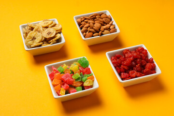 Tasty food concept - delicious dried fruits, tasty dried food