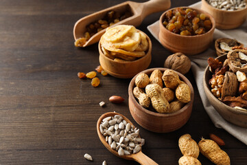 Tasty food concept - delicious dried fruits, space for text