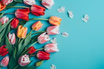 Beautiful composition spring flowers. Bouquet of pink tulips flowers on pastel blue background. Flat lay, top view, copy space. Generative AI
