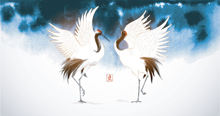 Two dancing japanese red-crowned cranes on blue ink wash painting background. Traditional oriental ink painting sumi-e, u-sin, go-hua. Translation of hieroglyph - love