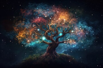 Fantasy tree in the night sky with bright stars and nebula, generative ai