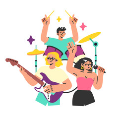 Musicians performing a concert. Band playing instruments, woman