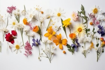 Colourful wildflowers on white background. Flat lay, top view, generative ai