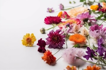 Variety of colorful wildflowers on white background, top view, generative ai