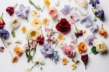 Beautiful colourful flowers on white background. Flat lay, top view, generative ai