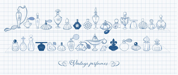Fototapeta na wymiar Collection of doodle pen sketch perfume bottles on lined paper. Vector sketch illistration