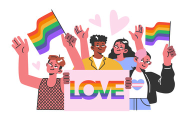 Cheerful characters with rainbow flags celebrate pride month. LGBTQ