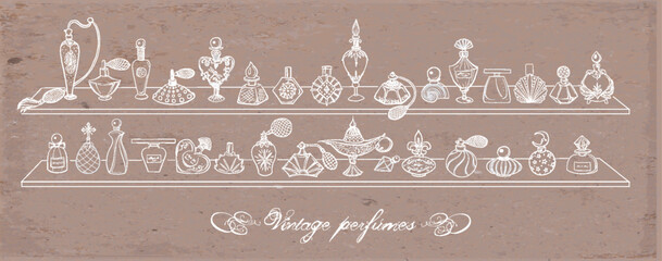 Collection of doodle perfume bottles on brown parcel paper background. Vector sketch illistration.