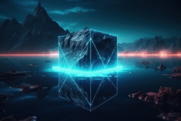 Futuristic glowing cube with lines and mountains in the background. 3D Rendering, generative Ai
