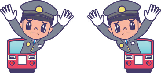 列車から困った顔で顔を出す車掌