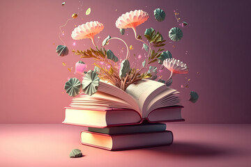 Open book with fantastic levitation glowing colorful flowers splash on pink background, beautiful, World book day, knowledge and creativity concept, spring, summer mood.