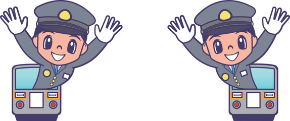 列車から笑顔で顔を出す車掌