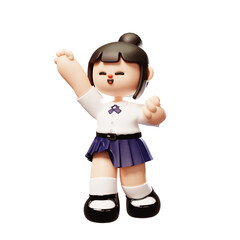 Student girl character wearing student uniform is raising her hand happily. 3d render