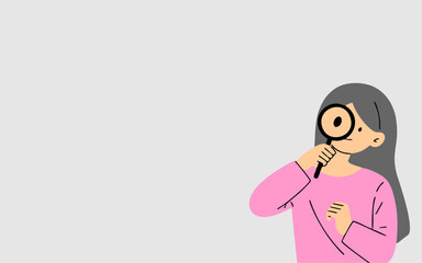 Business woman illustration. A woman is making observations with a magnifying glass. A woman observing with a magnifying glass, copy space