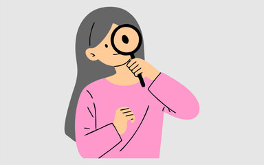 Business woman illustration. A woman is making observations with a magnifying glass. A woman observing with a magnifying glass, copy space