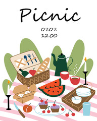 Picnic invitation card, hand drawn composition with wicker basket and fruit, food and drinks, summer vacation poster, template with copy space, picnic announcement, banner or greeting card, poster