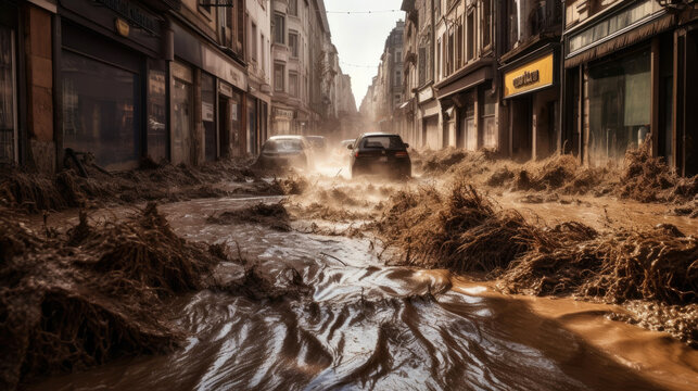 Huge flooding on a city street. Generative AI