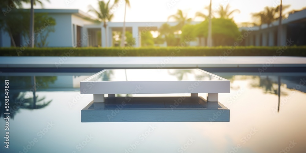 Poster a table covered in white sitting in front of a blue swimming pool generative ai generative ai