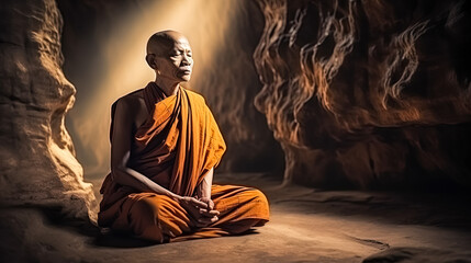 Asian Buddhist Monk in Meditation Inside Majestic Cave with Stalactite, Stalagmite, and Candlelight, generative AI - obrazy, fototapety, plakaty